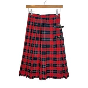 Vintage 70s ILGWU Tartan Plaid Pleated Double Buckle Kilt Skirt